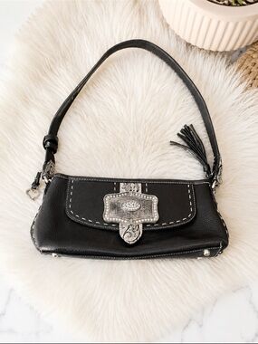 Brighton Black Leather Shoulder Bag Western Scroll Rhinestone Buckle Y2K